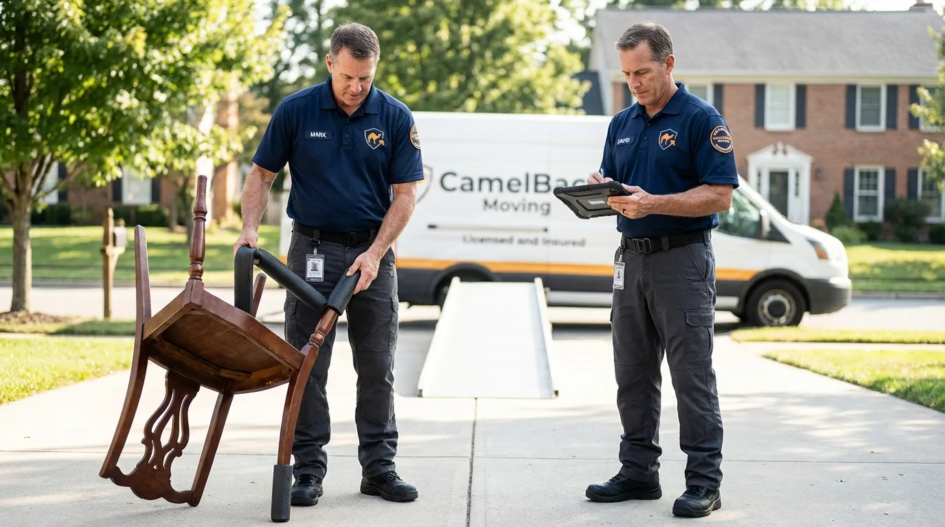 Movers inspecting furniture for damage prevention before loading in Lindale, GA
